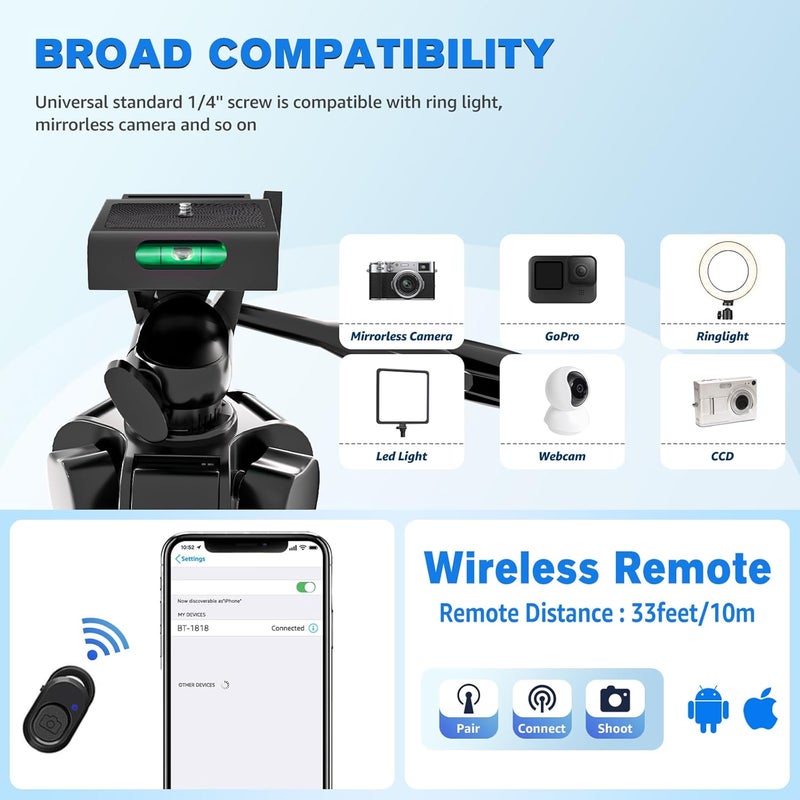 Lusweimi Phone Tripod, 44-inch iPhone Tripod with Phone Holder Mount/Wireless Remote for Ringlight/Camera/Webcam/GoPro, Tabletop Lightweight Stand for iOS/Android/Smartphone - Image 5